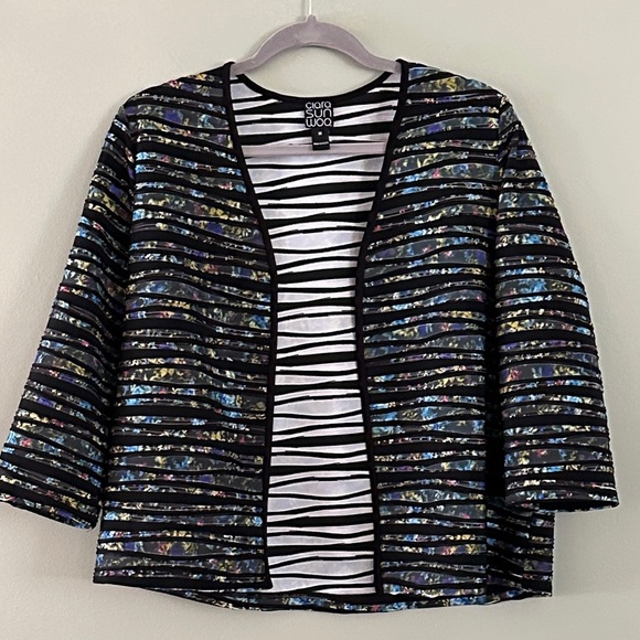 CLARA SUNWOO Abstract Open Front Bolero Textured Jacket Multicolor 3/4 Sleeve - Picture 2 of 9